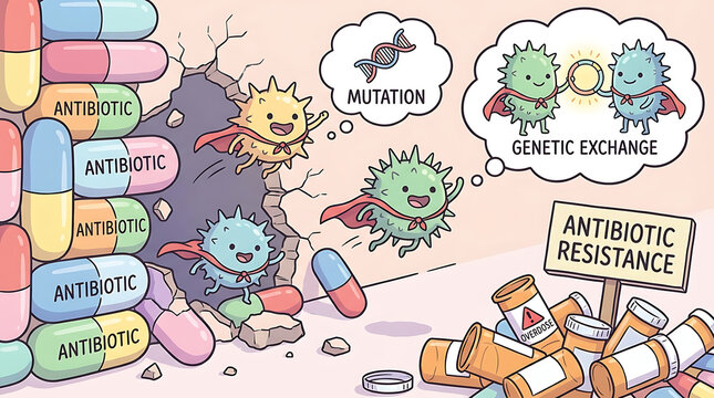 Animated bacteria emerging from a pharmaceutical antibiotic capsule shell symbolizing microbial resistance, genetic mutation, pathogen evolution, and medicine overdose health concept.