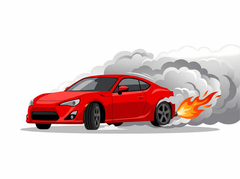 Red sports car drifting with exhaust flames and smoke clouds vector illustration isolated on white background