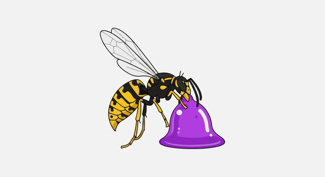 A yellow and black wasp interacts with a bright purple blob
