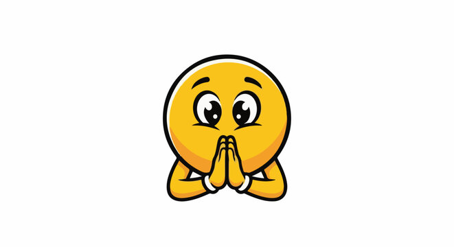 A yellow cartoon face with large eyes clasps hands in prayer