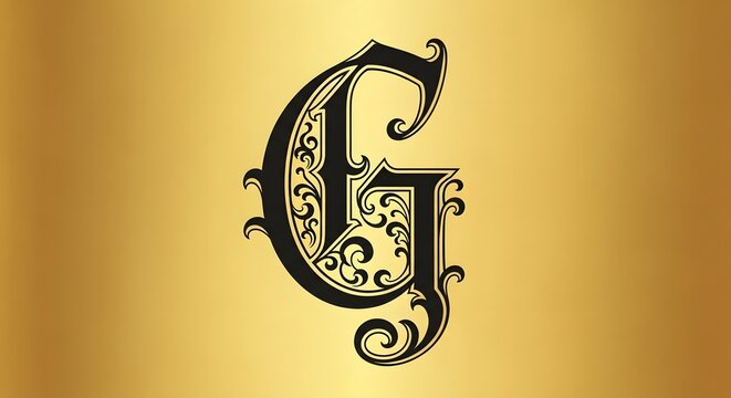 Elegant Vintage Letter G Monogram Featuring Ornate Flourishes and Sophisticated Gold Gradient Background