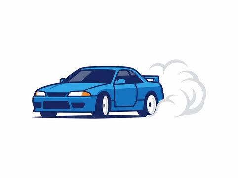 Blue Japanese Sports Car Drifting and Creating Smoke Clouds Illustration Isolated on White Background