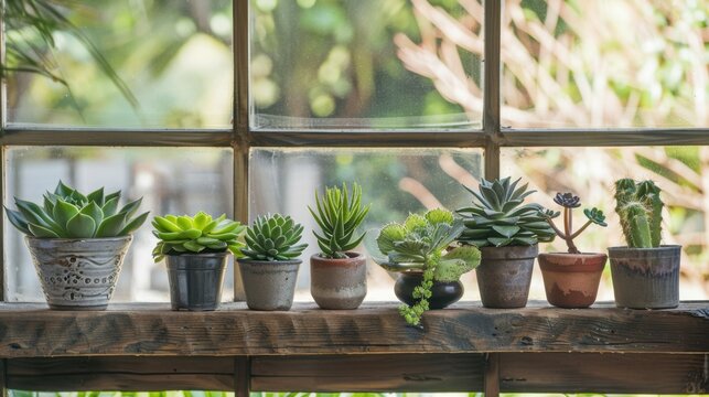 A variety of potted succulents arranged on a wooden windowsill. The plants display different shapes and sizes, with vibrant green colors under natural light.