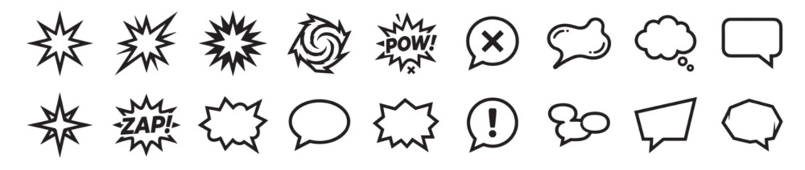 Fototapeta premium comic speech bubbles and explosion burst icon set with various dialog shapes and pop art symbols isolated on transparent background