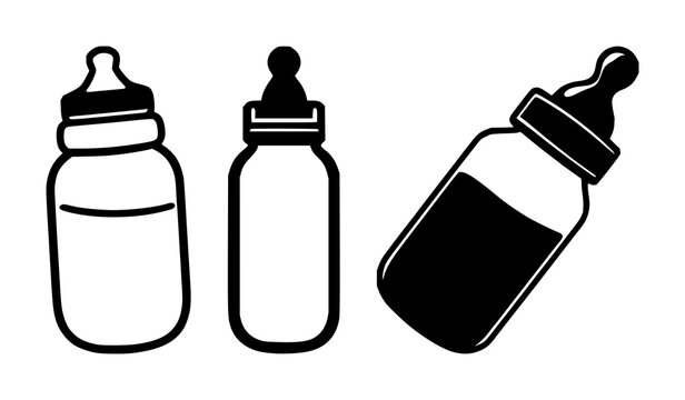 Pediatric baby bottle icon set with solid black silhouette against white background featuring baby bottle, pediatric, healthcare with minimalist and bold line style