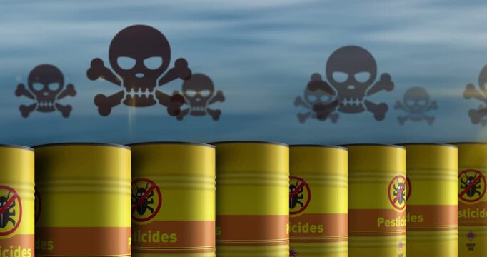 Pesticides barrels in row seamless and loopable concept. Agriculture chemical plant protection industrial containers.