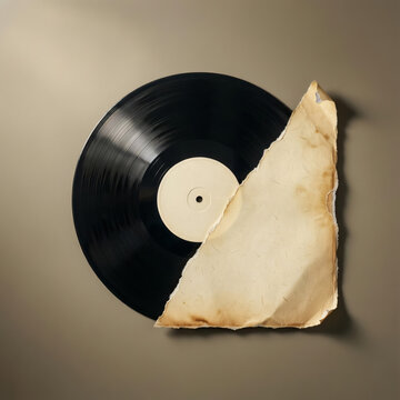 A collection of aged vinyl records and weathered cardboard sleeves are displayed across various compositions, including flat lays on wooden surfaces and neutral backgrounds. The items show visible sig