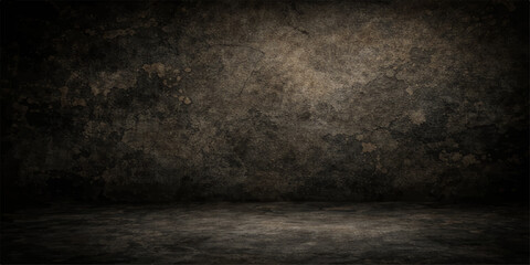 Fototapeta premium A dark, empty room features an aged concrete wall with a heavy grunge texture and a rough, black stone surface that creates a vintage, dirty backdrop