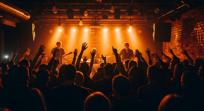 Rock Band Performing on Stage at Energetic Live Concert with Crowd and Warm Orange Stage Lights