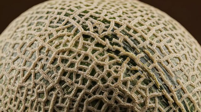 Close-up shot shows textured surface of cantaloupe melon with detailed patterns. Dark background enhances visibility of lines and shapes. Concept of food photography, fresh produce, healthy eating
