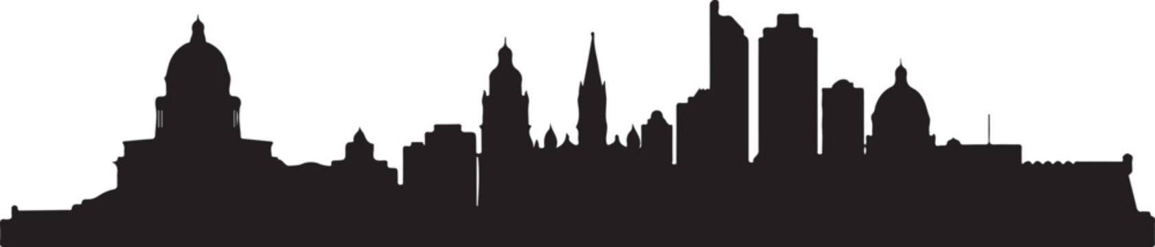 Havana skyline silhouette featuring landmarks icons in black and white graphics.