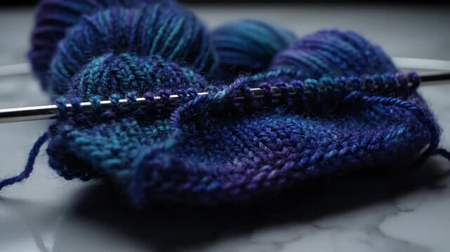 Close-up of vibrant blue and purple yarn being knitted. This creative hobby brings warmth and handmade joy.