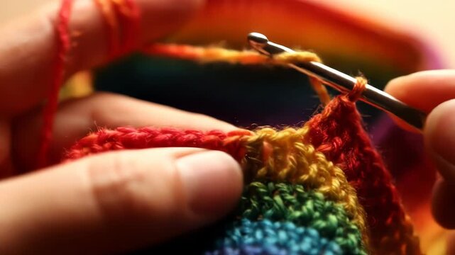 Hands skillfully crochet a colorful rainbow pattern. The vibrant yarn creates a beautiful, handmade fabric.