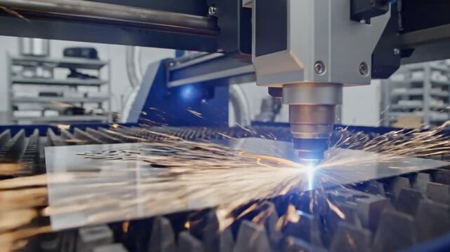 Industrial laser cutter machine precisely cutting metal sheet creating intricate decorative designs and patterns