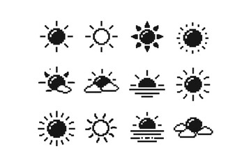 Obraz premium Collection of pixel art sun icons representing different weather conditions and times of day