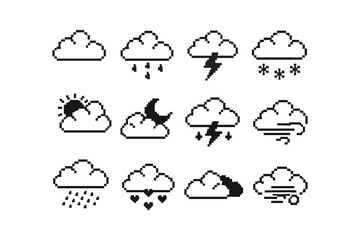 Naklejka premium Pixel art weather icons collection with clouds and various meteorological phenomena