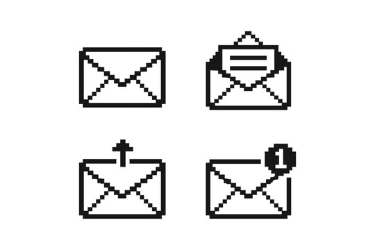Pixel art icons for email communication: closed, open, sent, and new message notifications