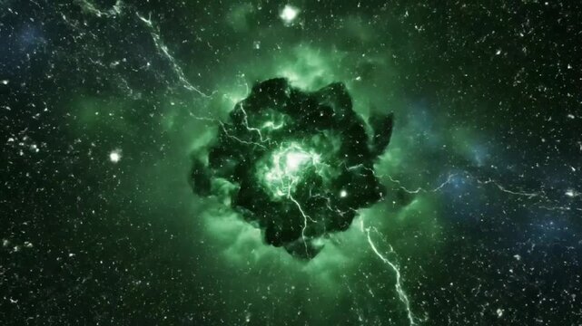 Abstract green cosmic energy explosion in deep space with lightning and starfield background