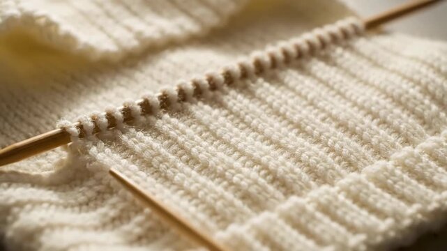 Close-up of knitting with white yarn and wooden needles. Handmade craft project creates a cozy, warm garment.