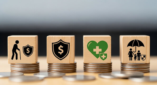 Security and Wellbeing: Conceptual wooden blocks representing pillars of life, including financial security, health, and family protection, aligned on stacks of coins.