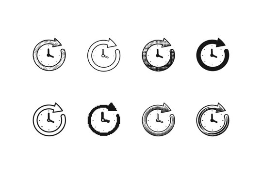 Collection of clock icons with circular arrows representing time and history