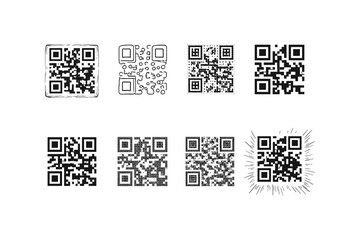 Fototapeta premium Collection of diverse QR code designs and styles on a white background