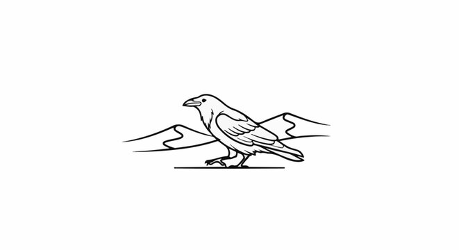 A stylized drawing of a raven stands before rolling hills under a clear sky