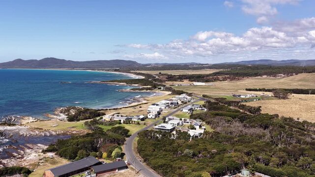 Aerial panorama of Bass straight of Tasmania by Bass Highway at Edgcumbe beach.