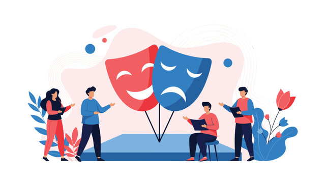People rehearsing theater performance with script in hands standing near large comedy and tragedy masks on stage for dramatic arts workshop.