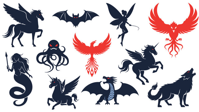 Collection of various mythical creature silhouettes including pegasus, dragon, mermaid, phoenix, and unicorn on a clean white background.