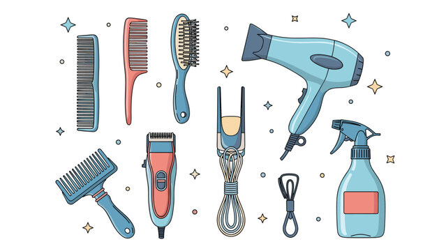 Comprehensive set of professional hair styling tools including blow dryer clippers combs and spray bottle for barber and salon services.