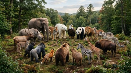 Obraz premium Wild animals forming a circular composition representing Earth unity.