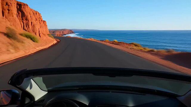 view from the cockpit of a convertible car driving along a winding road on the ocean coast with red rocks summer travel and freedom adventure on a coastal highway conceptual 3d simulation