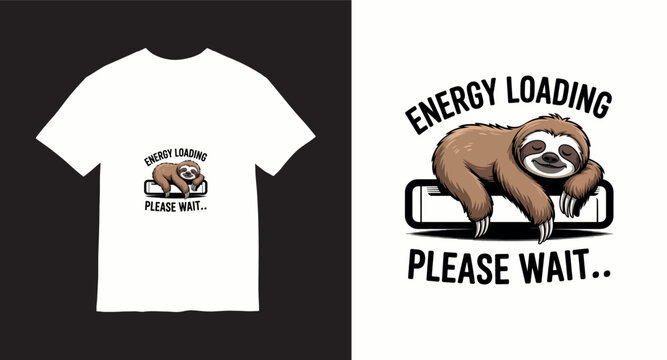 Energy loading sloth on battery graphic for t-shirt design.
