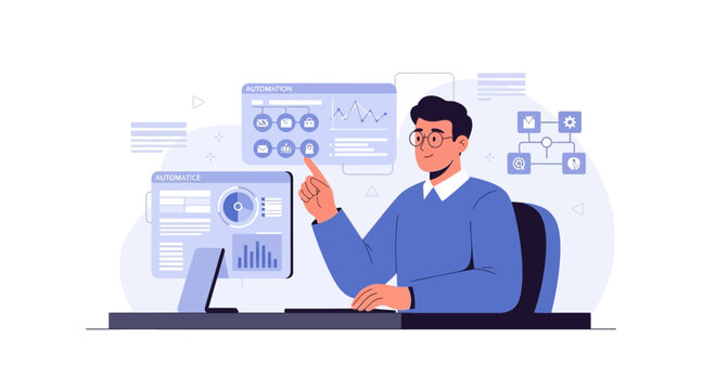 Man working on computer with data analytics and automation dashboards