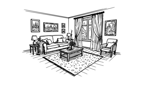 Cozy living room perspective sketch black white interior home vector illustration