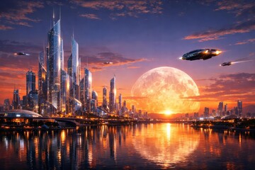Obraz premium Futuristic City Skyline With Flying Vehicles and Giant Moon at Sunset