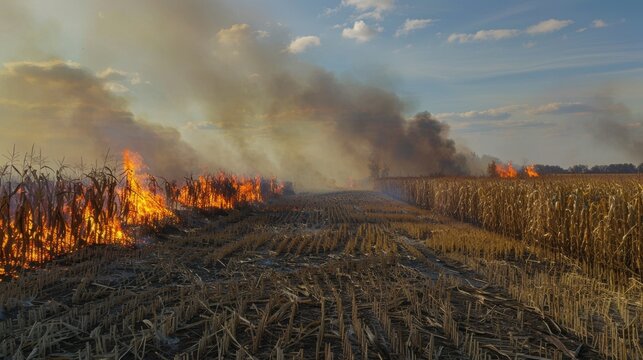 A field of dry corn stubble is burning, with flames and smoke rising into the sky. The landscape shows charred earth and a dramatic sunset in the background.