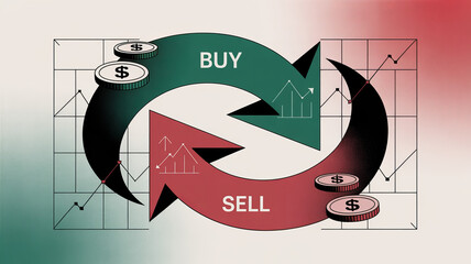 Obraz premium Stock Market Dynamics: A graphic representation of market volatility, depicting the cycle of buying and selling with ascending and descending trends, all underscored by the presence of currency