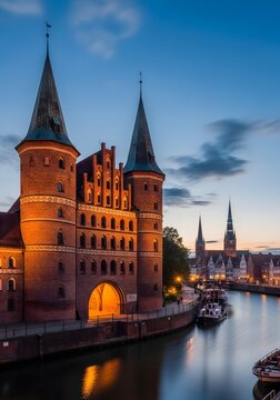 Historic Holsten Gate in Lubeck Germany at dusk with boats on the river Trave