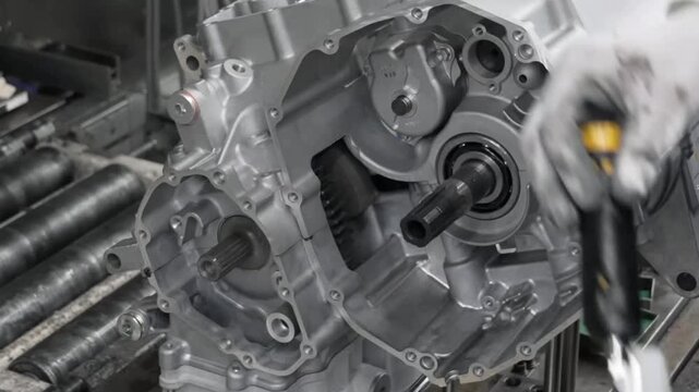 Technician using a digital torque wrench to tighten bolts on a motorcycle engine casing with high precision