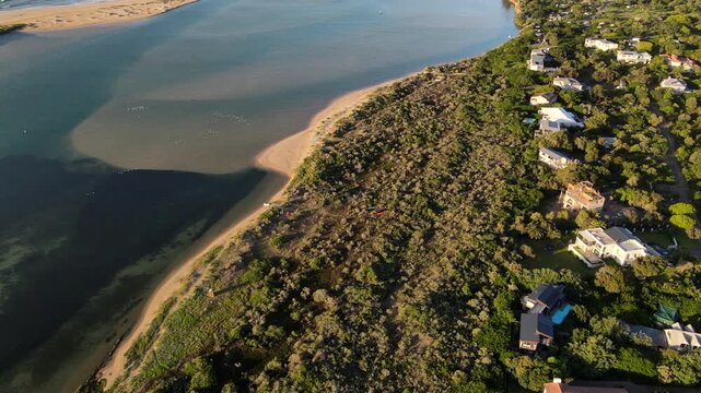 Sunrise aerial view over banks of Keurbooms lagoon as flock of birds fly by