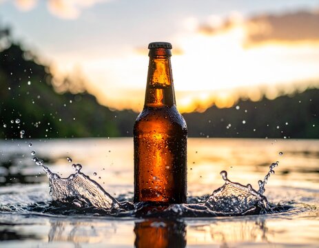 水中にあるキンキンに冷えた茶色い瓶ビール　アルコール　夏