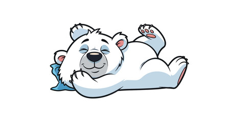 Cute cartoon polar bear sleeping peacefully on a blue pillow, happy and relaxed. © tempe