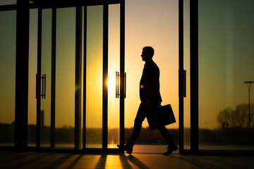 Fototapeta premium Businessman walking through glass doors at sunset, silhouette, office building entrance