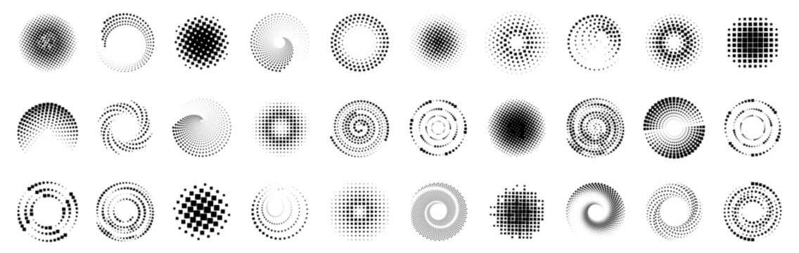 Halftone circle collection with dotted gradient and abstract patterns. Includes radial dot compositions and geometric shapes