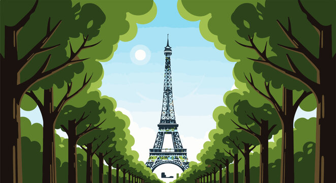 A stylized view of the Eiffel Tower through a leafy avenue on a bright day