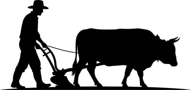 Farmer plowing field with oxen using traditional wooden plow