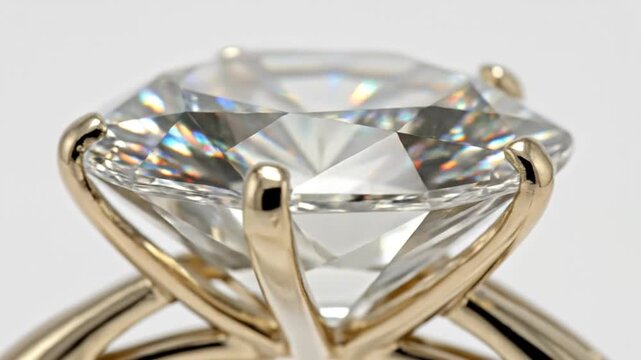 Macro shot of a large round brilliant cut diamond solitaire engagement ring with rainbow light dispersion in a gold prong setting on a white background