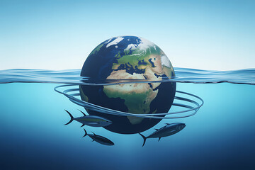 Naklejka premium Earth partially submerged in water with fish swimming around it